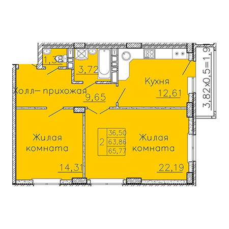 2 комнатная 65.77м²