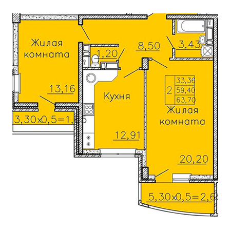 2 комнатная 63.7м²