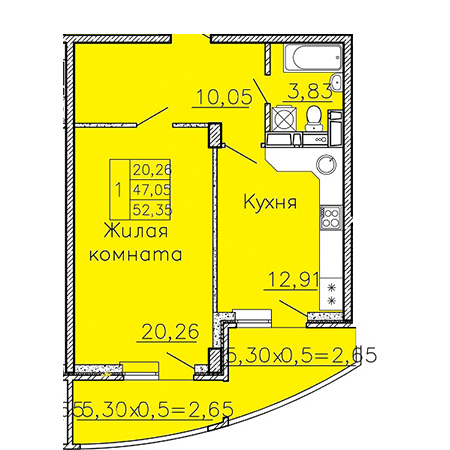 1 комнатная 52.35м²