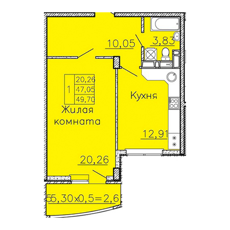 1 комнатная 49.7м²