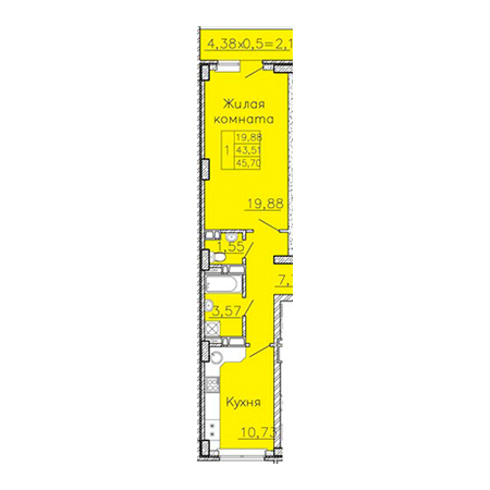 1 комнатная 45.7м²