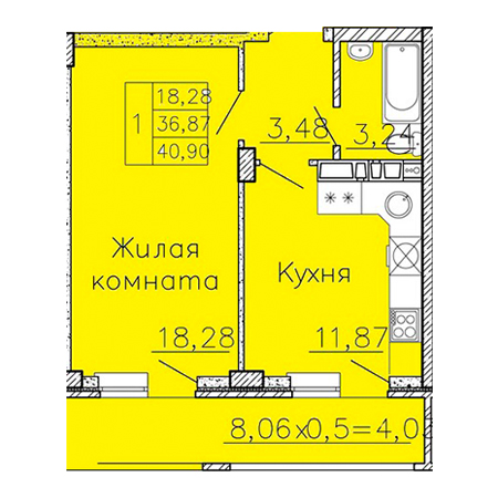 1 комнатная 40.9м²