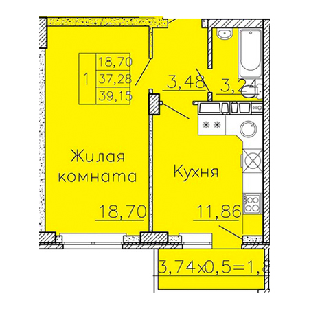 1 комнатная 39.15м²