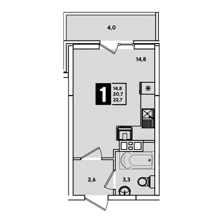 Студия 22.7м²