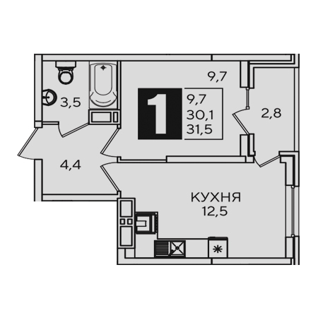 1 комнатная 31.5м²