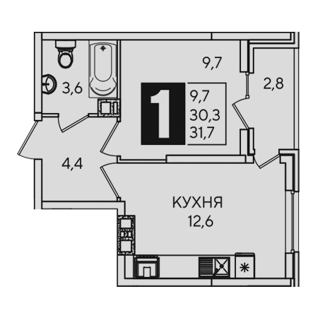 1 комнатная 31.7м²