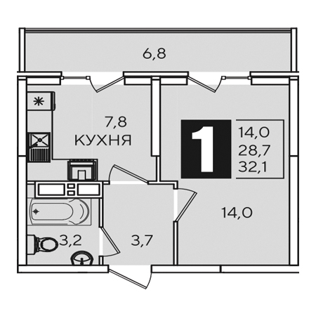 1 комнатная 32.1м²