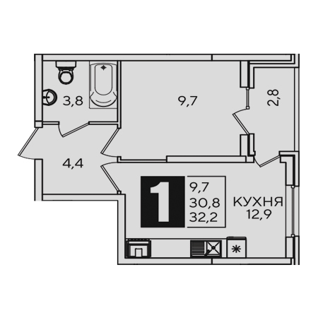 1 комнатная 32.2м²