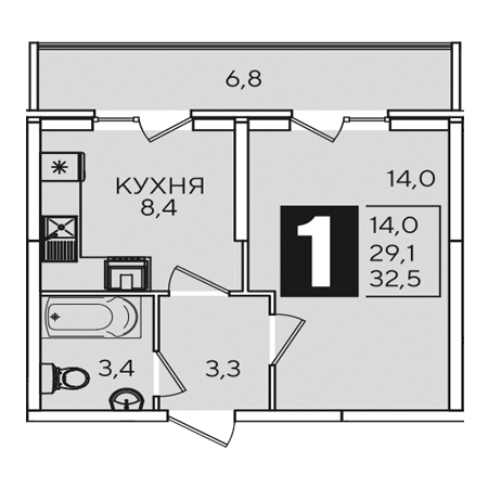 1 комнатная 32.5м²