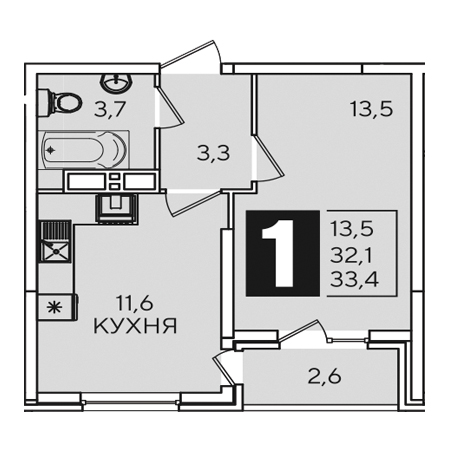 1 комнатная 33.4м²