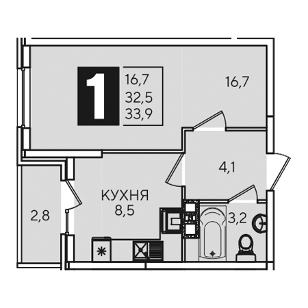 1 комнатная 33.9м²