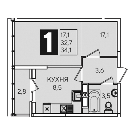 1 комнатная 34.1м²