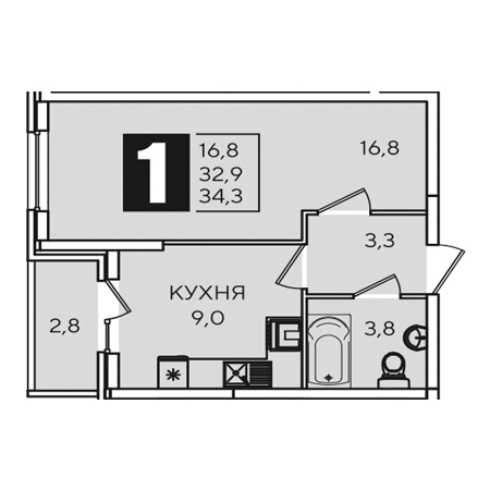 1 комнатная 34.3м²