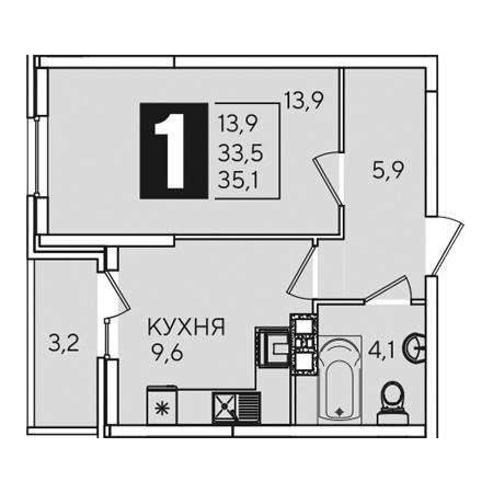 1 комнатная 35.1м²