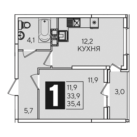 1 комнатная 35.4м²