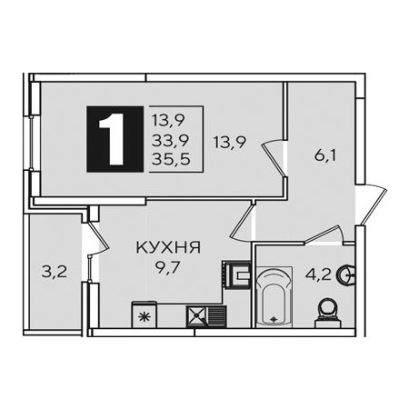 1 комнатная 35.5м²