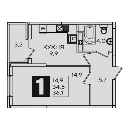 1 комнатная 36.1м²