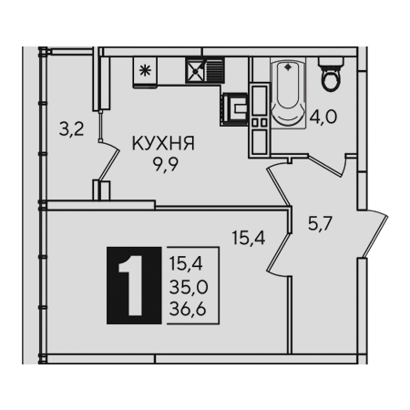 1 комнатная 36.6м²