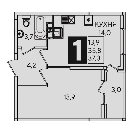 1 комнатная 37.3м²