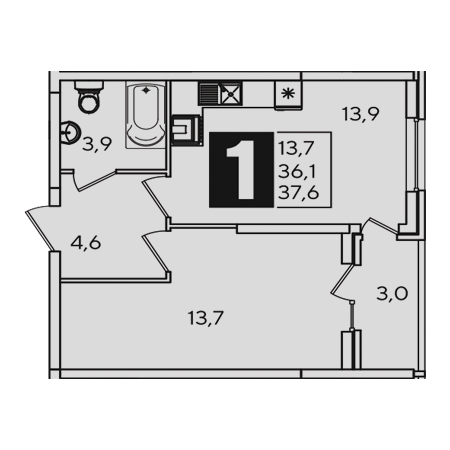 1 комнатная 37.6м²