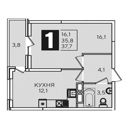 1 комнатная 37.7м²