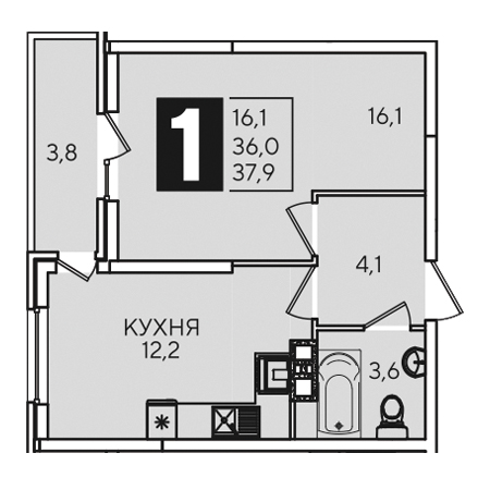 1 комнатная 37.9м²