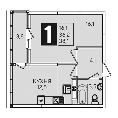 1 комнатная 38.1м²