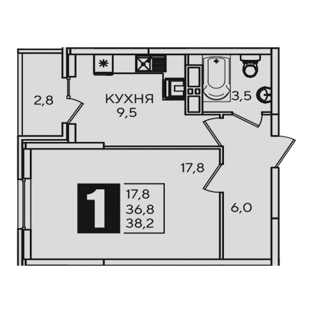 1 комнатная 38.2м²