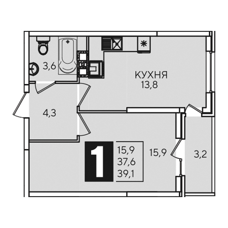 1 комнатная 39.1м²