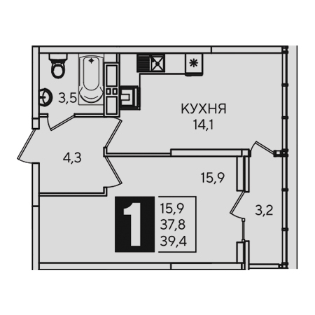 1 комнатная 39.4м²