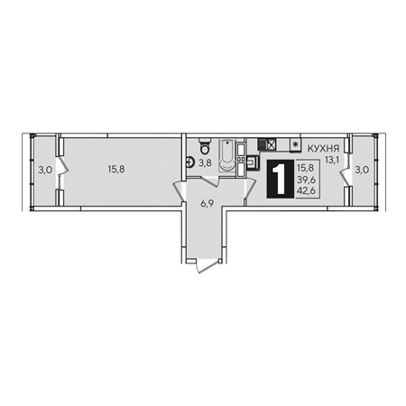 1 комнатная 42.6м²