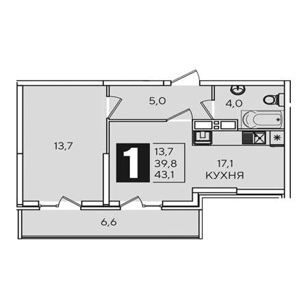 1 комнатная 43.1м²