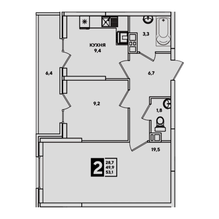 2 комнатная 53.1м²