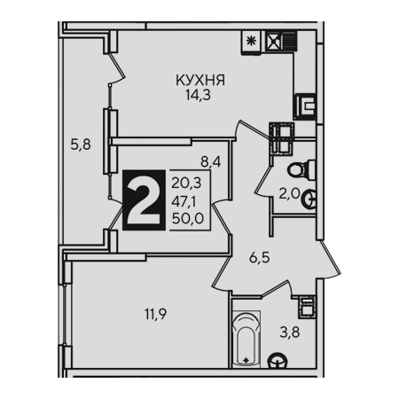 2 комнатная 50м²