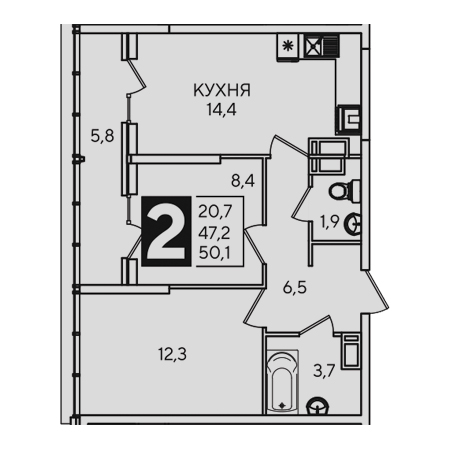 2 комнатная 50.1м²