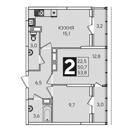 2 комнатная 53.8м²