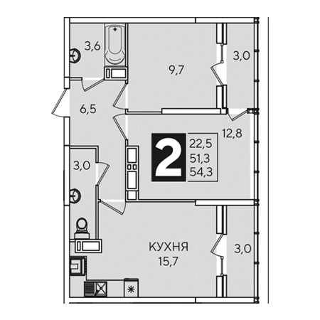 2 комнатная 54.3м²