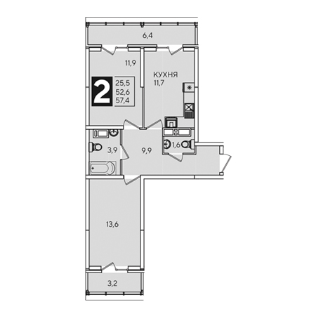 2 комнатная 57.4м²