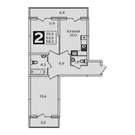 2 комнатная 58.3м²