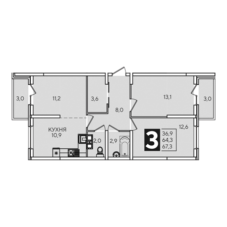 3 комнатная 67.3м²