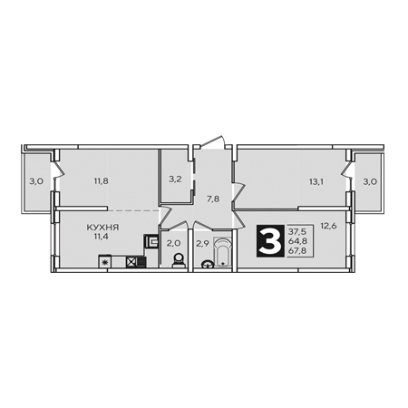 3 комнатная 67.8м²