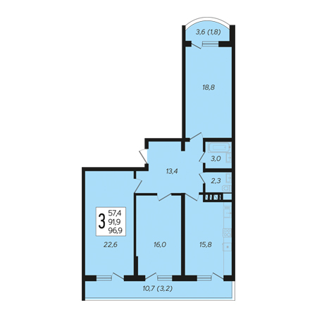 3 комнатная 96.9м²