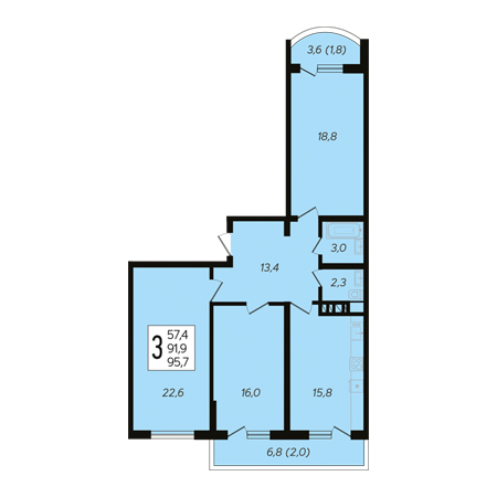 3 комнатная 95.7м²