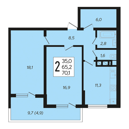 3 комнатная 70.1м²