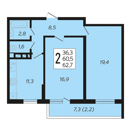 2 комнатная 62.7м²