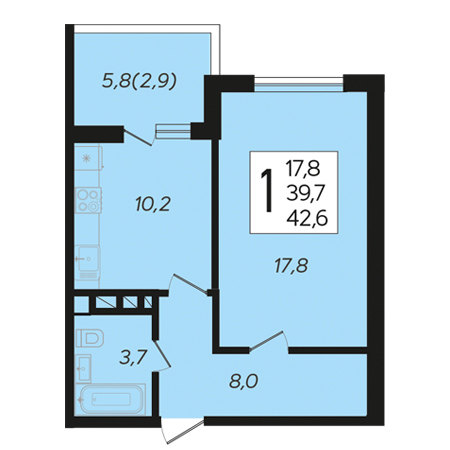 1 комнатная 42.6м²