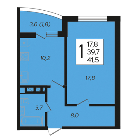 1 комнатная 41.5м²