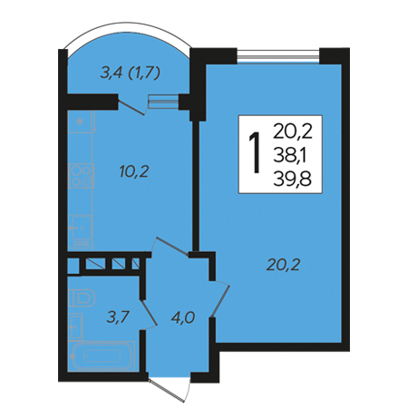 1 комнатная 39.8м²