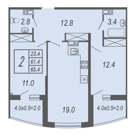 2 комнатная 65.4м²