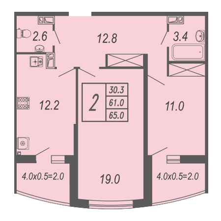 2 комнатная 65м²